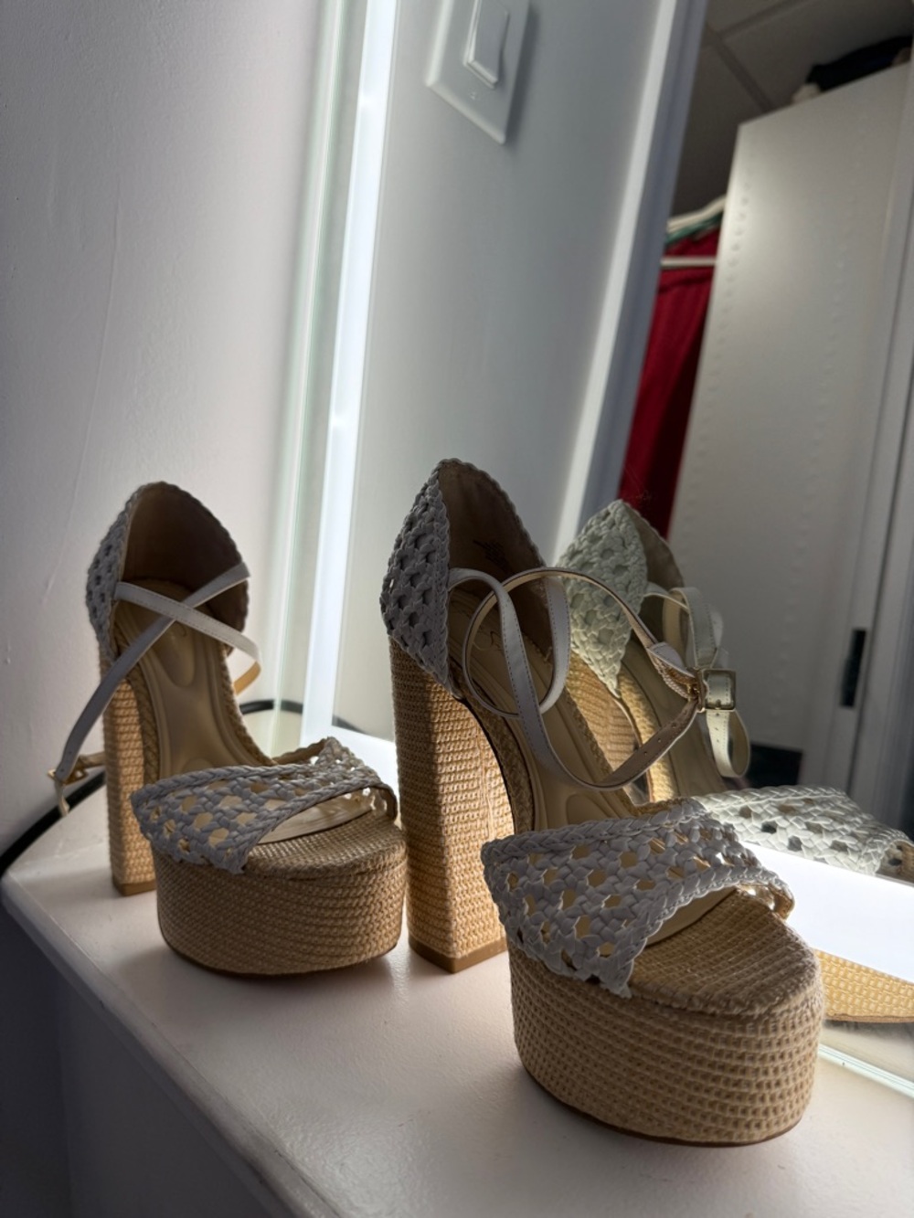 Jessica Simpson White Woven Platform Block Heels